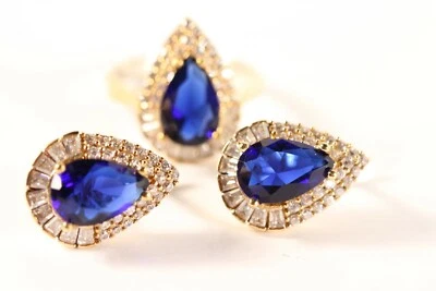 Juego de anillos y aretes de zafiro hurrem sultán hecho a mano turco de plata de ley 925k Foto 1 de 4
