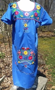 Puebla Kleid Mexikanisch Bestickt Blumen Floral Chiapas Große L Blau C - Bild 1 von 5