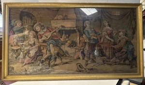 Antike FRANZÖSISCHE TAVERNE. Szene 19. Jahrhundert bestickter Wandteppich gerahmt 36”x20” - Bild 1 von 19