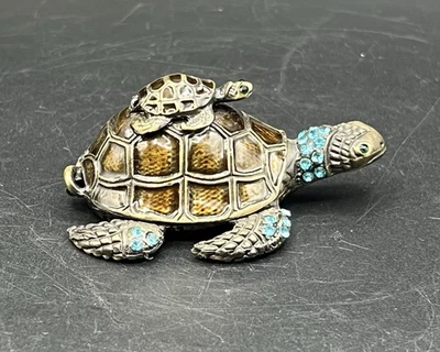 Jeweled Enamel Metal Turtle and Baby Blue Rhinestones Hinged Trinket Box - Image 1 of 4