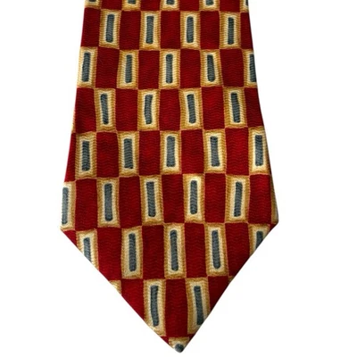 "Corbata de seda Perry Ellis Portfolio rojo dorado patrón geométrico retro 4"" ancho 58""" Foto 1 de 4
