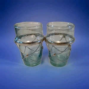 Vintage SET OF 2 Silver Trimmed Shot Shooter Glasses light aqua/turquoise - Picture 1 of 7