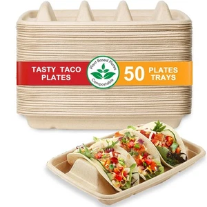 ™️ Taco Plates Disposable – 50 PACK | Premium Paper Taco Plates with Dividers... - Picture 1 of 6