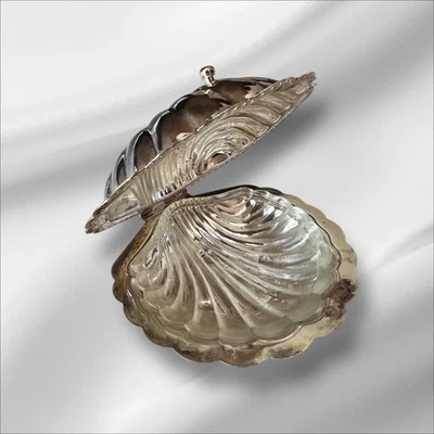 Servidor de caviar vintage Leonard con carcasa de almeja con bisagras placa plateada servidor de plato de mantequilla  Foto 1 de 4