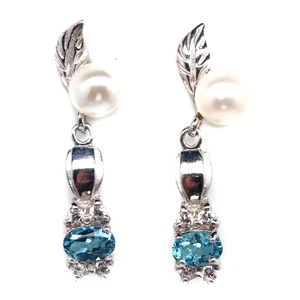 925 Sterling Silver 6 MM. White Pearl, Topaz & Cubic Zirconia Earrings - Picture 1 of 4