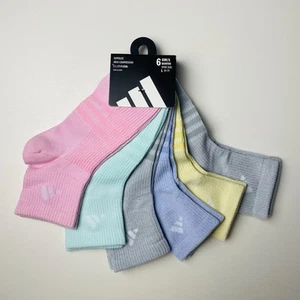 Adidas 6 Pairs Girls Shoe Size 5 Y - 7 Y Superlite Quarter Socks Size LARGE #092 - Picture 1 of 15
