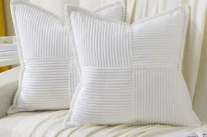 Pair ~ 22x22 ~ Corduroy Chenille Striped Patchwork Pillow Covers ~ White #A10 - Picture 1 of 2
