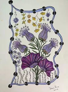 ORIGINAL ART Zentangle inspiriert rosa Blume 9x12 cm lila Blumen - Bild 1 von 1