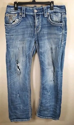  Rock Revival Triton Boot Cut Distressed  Denim Jeans Size 33 Selvege  - Image 1 of 4