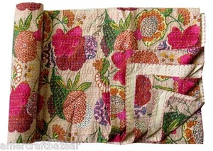 Indian Handmade Queen Kantha Quilt BedcoverBedspread Throw Cotton Blanket Gudri  - Picture 1 of 7