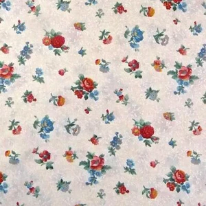 Tiny Rose Floral, Carmine Red, Gold & Blue on an Ivory Tonal, Cotton, Per 1/2 Yd - Picture 1 of 5