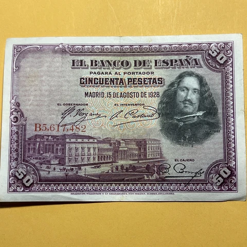 Spain Fifty Pesetas Circulated Paper Money - P#75 - Dated 1928 Cover