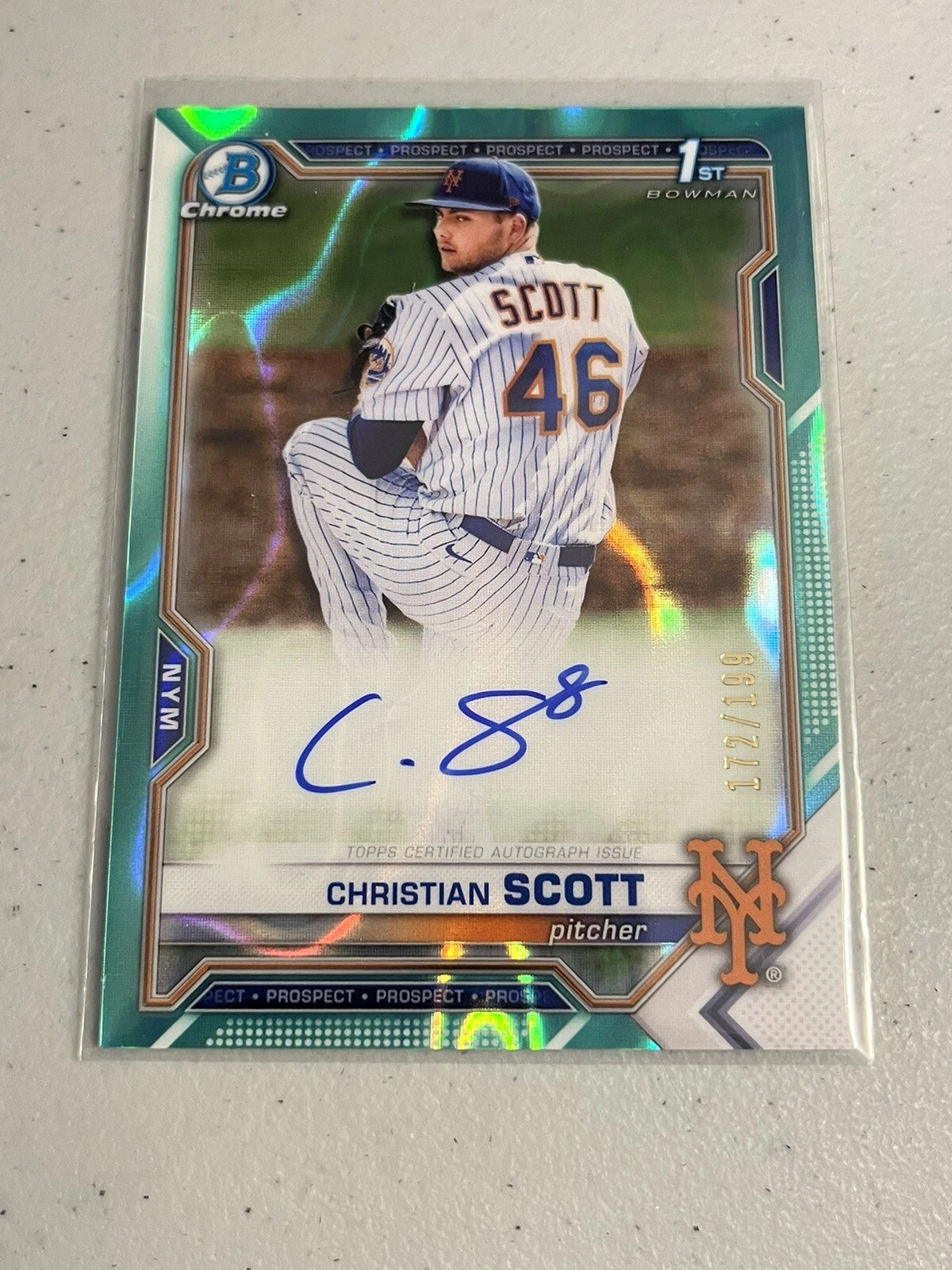 2021 Bowman Chrome Draft Christian Scott Aqua Lava Auto #/199 1st Bowman Mets