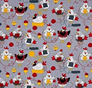 BOLT END 30 INCHES Timeless Treasures Knitting Chickens Cotton Quilt Fabric - Picture 1 of 3