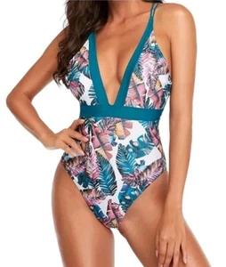 Sporlike one piece swimsuit with V-neck cross back blue color palm designs sz M - Picture 1 of 12