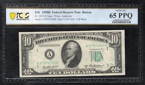 FR. 2012-A 1950-B $10 FRN BOSTON, MA PCGS BANKNOTE GEM UNCIRCULATED-65PPQ - Picture 1 of 2
