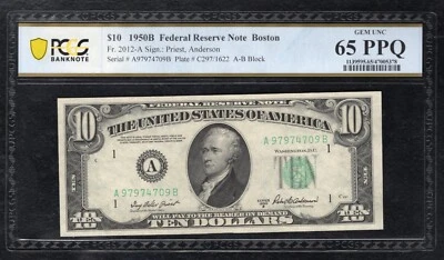 FR. 2012-A 1950-B $10 FRN BOSTON, MA PCGS BANKNOTE GEM UNCIRCULATED-65PPQ - Image 1 of 2