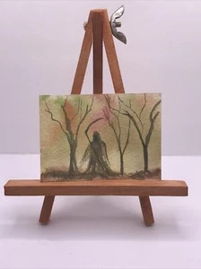 ACEO Miniature Original Watercolor Art Death Dark Angel Grim Reaper in Woods 3.5 - Foto 1 di 2