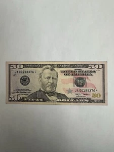2009  series $50 used Star Note Bill US Currency Serial # JA00198376* - Picture 1 of 8