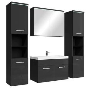 Badezimmer Badmöbel-Set Paso xl LED 80cm Waschbecken Hochglanz Schwarz Fronten - - Bild 1 von 5