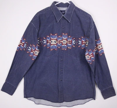 Vintage Wrangler Shirt Mens XL Blue Western Pearl Snap Aztec Southwestern *READ* - Image 1 of 4