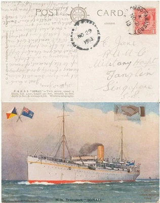 Tarjeta postal Paquebot Colombo Ceilán vía Penang a Singapur 1913 SS SOMALI P&O Foto 1 de 3