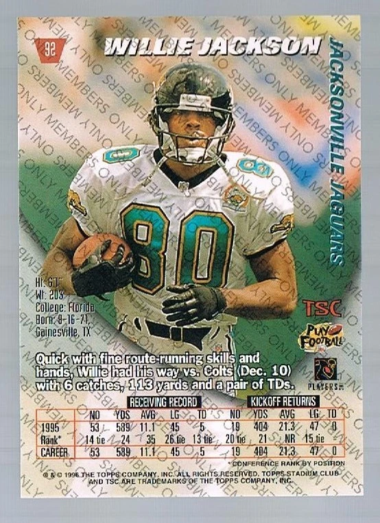 96 Stadium Club Members Only WILLIE JACKSON #92 Jaguars - Image 1 of 1