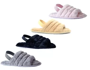Neu Damen und Mädchen Kunstfell Pantolette offene Zehenpartie mit Gummizug Fell Sandalen - Bild 1 von 15