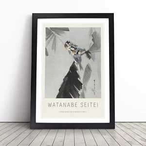 Three Birds On A Branch Watanabe Seitei Exhibition Framed Canvas Wall Art Print - Picture 1 of 9