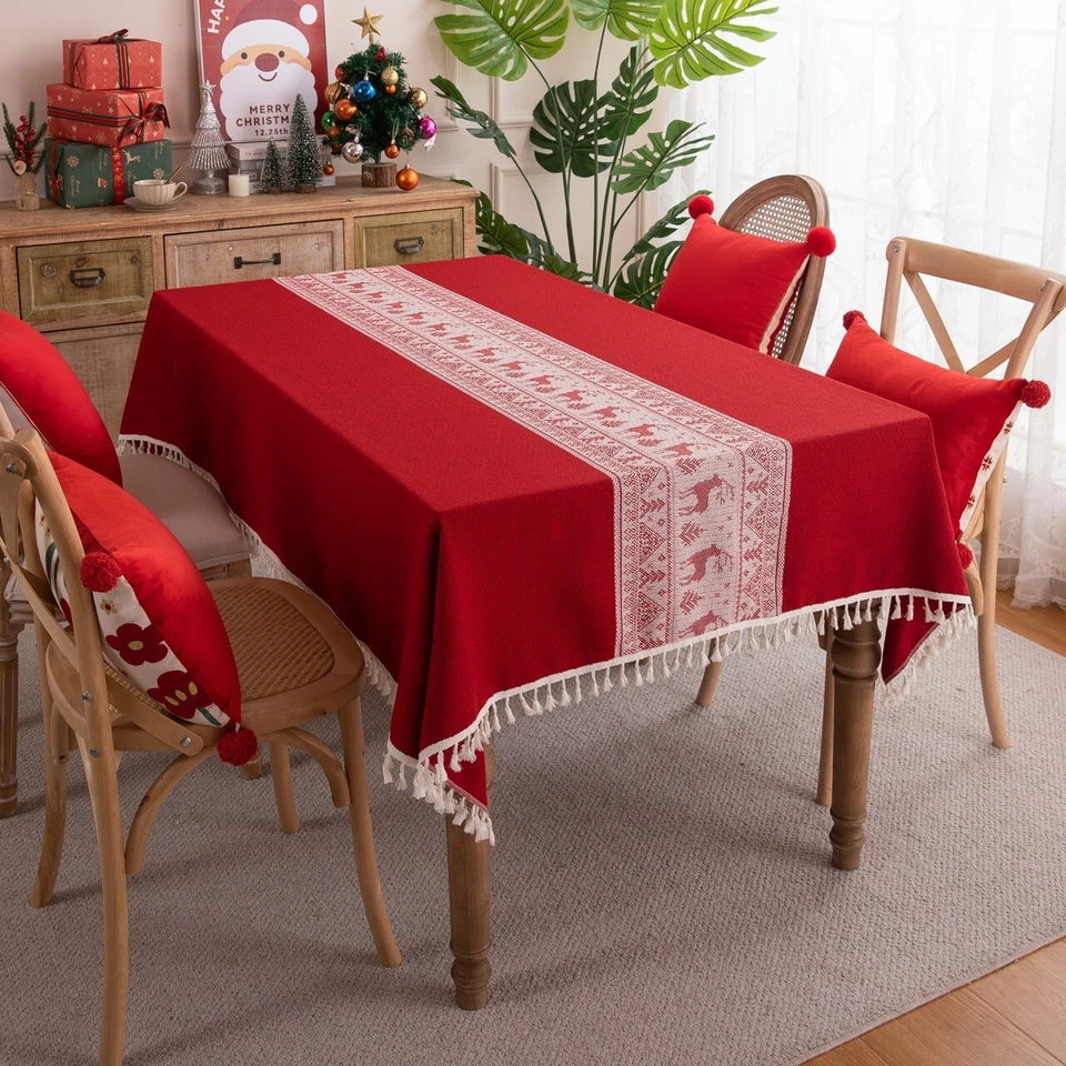 High Quality Washable Cotton Linen Wrinkle Free Christmas Tablecloth with Tassel - Image 1 of 4