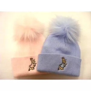 New Baby Knitted Peter Rabbit Pom Pom Bobble Hat Faux Fur ~ NB 1-12 Months ~ abg - Picture 1 of 1