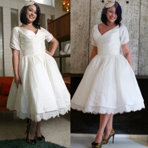 Vintage Wedding Dresses V Neck Short Sleeve Mid Calf-Length Satin Bridal Gowns - Picture 1 of 11