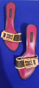 LOUIS VUITTON SANDALS MULES heels 37.5 US 7 Pink brown beige LEATHer slides - Picture 1 of 15
