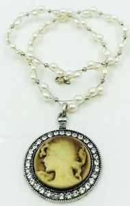 GENUINE PEARL NECKLACE STERLING SILVER 925  CLASP WITH CAMEO PENDANT  - Picture 1 of 4