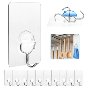 Adhesive Hooks Wall Hooks Strong Adhesive Hooks 13lbs Seamless Clear Transpar... - Picture 1 of 9