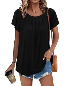 Black Tops for Women 2025 Summer Pleated Blouses Losse Fit Classic Crew Neck ... - Picture 1 of 4