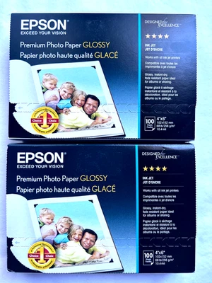 2 Epson Premium Photo Paper Glossy 100 Sheets 4x6 S041727 New - Image 1 of 3