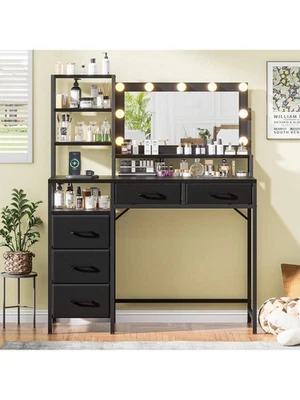 Tocador Escritorio con Espejo y Luces Mesa de Maquillaje con Cajones Estación de Carga  Foto 1 de 4