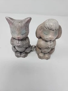 Paar betende Tiere Katze und Hase Kaninchen grau Keramik Figuren - Bild 1 von 10