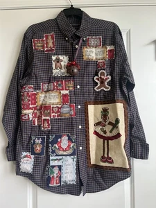 Roundtree & York Men’s Button Down Navy and Brown Christmas Shirt Size Medium - Picture 1 of 12