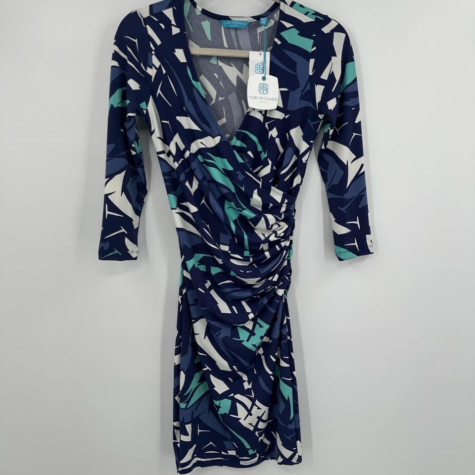 Vestido Tori Richard Para Mujer XS Azul Laguna Spin Art Danni Acanalado Envoltura Hecho en EE. UU. Foto 1 de 4