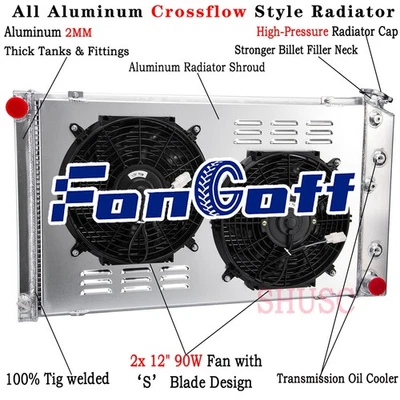 3 Row Aluminum Radiator Shroud Fan For Chevy 1970-81 Camaro /1978-87 Monte Carlo Foto 1 de 4