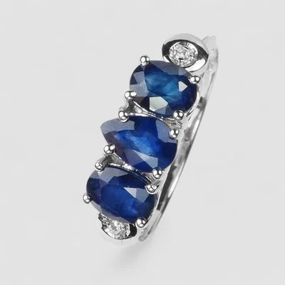 Anillos hechos a mano de plata de ley 925 de 1,75 quilates ovalados de zafiro azul de tres piedras joyería Foto 1 de 4