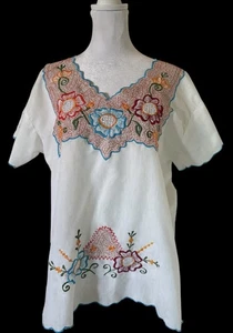 Vintage 70’s Casa Marlen Floral Embroidered Mexican Peasant Cotton Blouse XL - Picture 1 of 12
