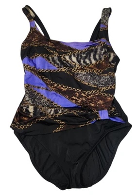 Longitude Womens Sz 12 One Piece Swimsuit Bathing Suit Blue Black Gold - Image 1 of 4