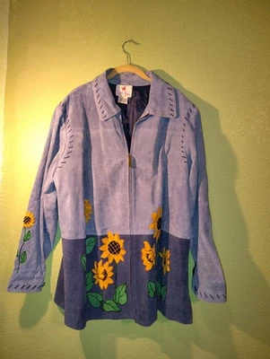 Quacker Factors Jacket Women's Sunflowers Blue Suede Embellished - Size 1X - Image 1 of 4