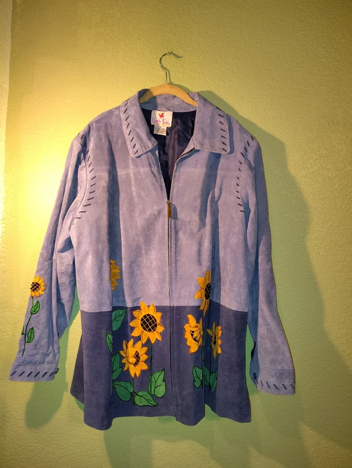 Quacker Factors Jacket Women's Sunflowers Blue Suede Embellished - Size 1X - Image 1 of 4