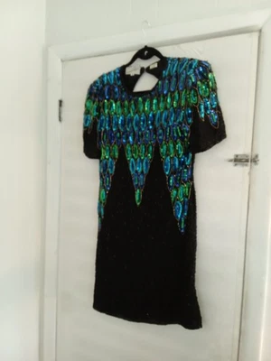 Vintage Jennifer Peacock Sequin Beaded Silk Dress M, Beaded Formal Dress - Image 1 of 4
