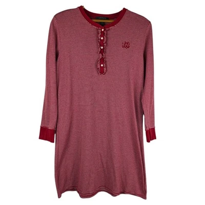 Lauren Ralph Lauren Henley Sleep Shirt Womens L Red White Striped Gown Ruffled  - Image 1 of 4
