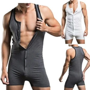 Men Boxers Jumpsuit Button Front Bodysuit Shorts Bodybuilding Sportswear Pajamas - Picture 1 of 30